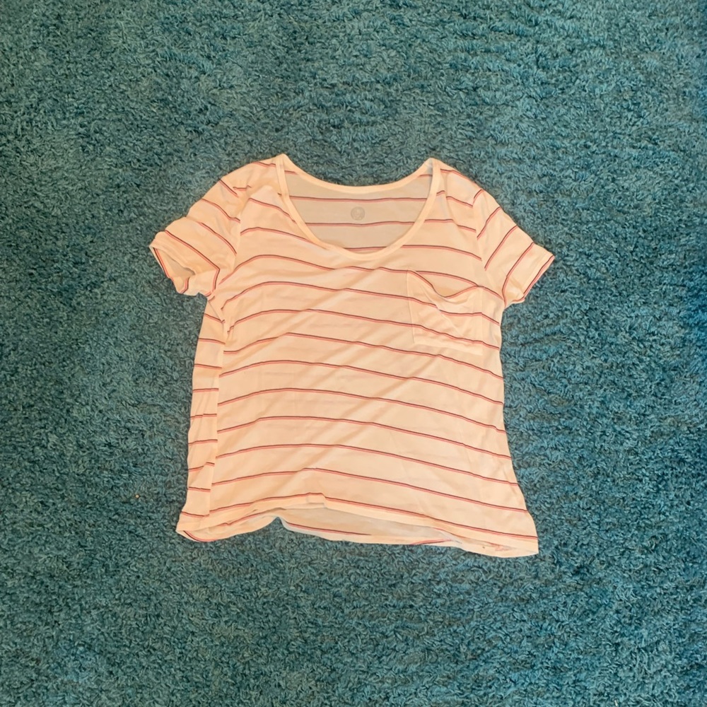 White with maroon and coral stripes. Adorable undershirt.